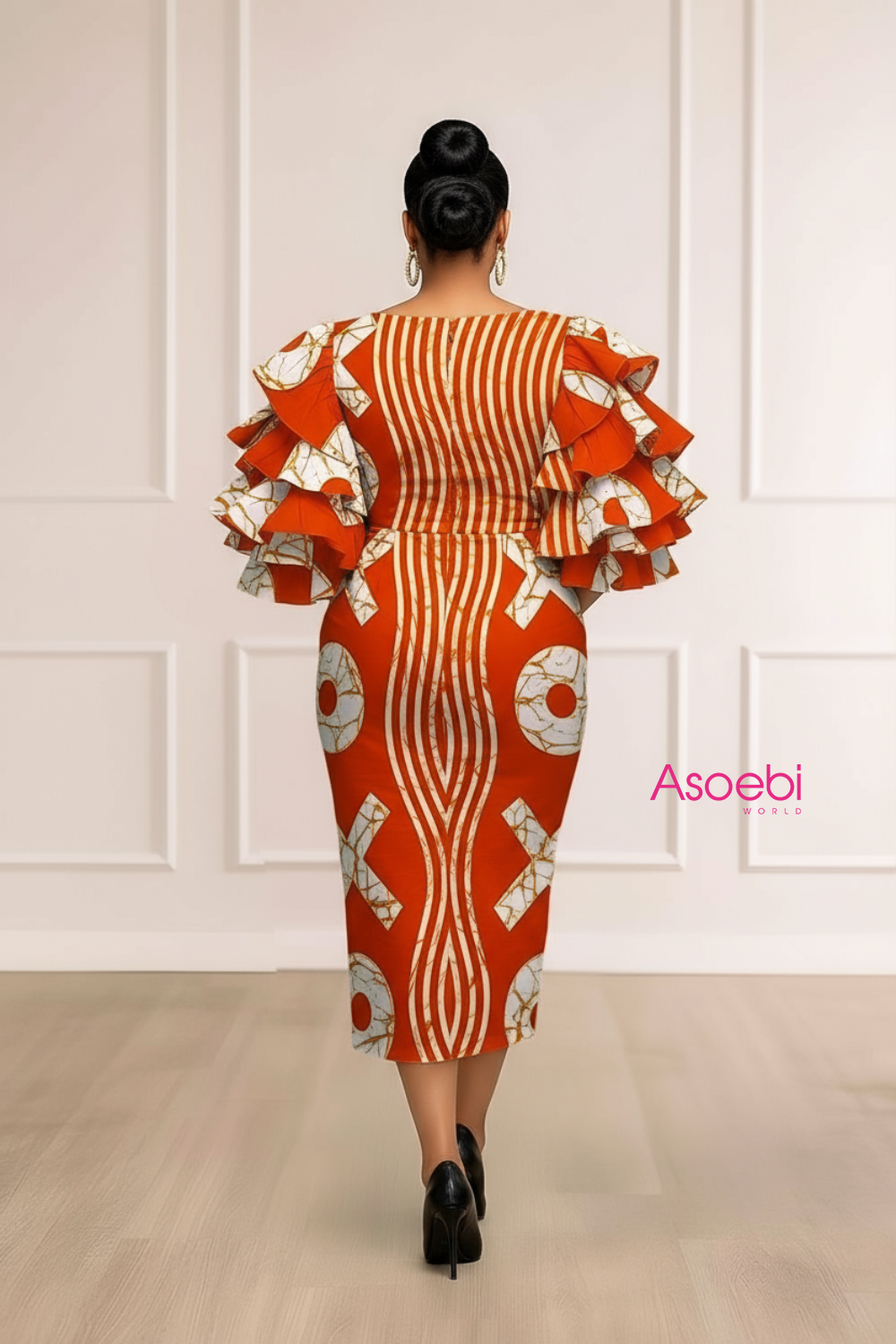 ASOEBI DESIGN ORNAGE WHITE ANKARA MIDI DRESS