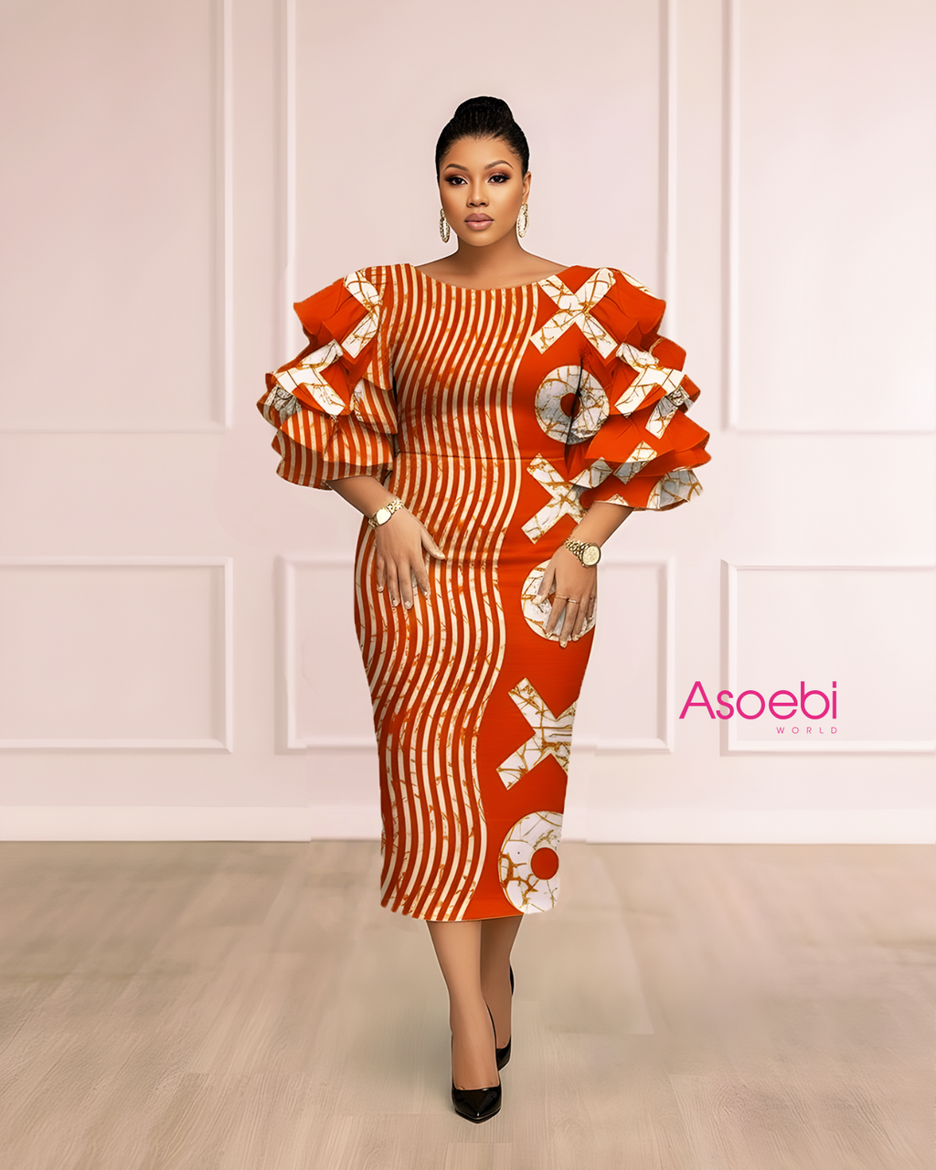 ASOEBI DESIGN ORNAGE WHITE ANKARA MIDI DRESS