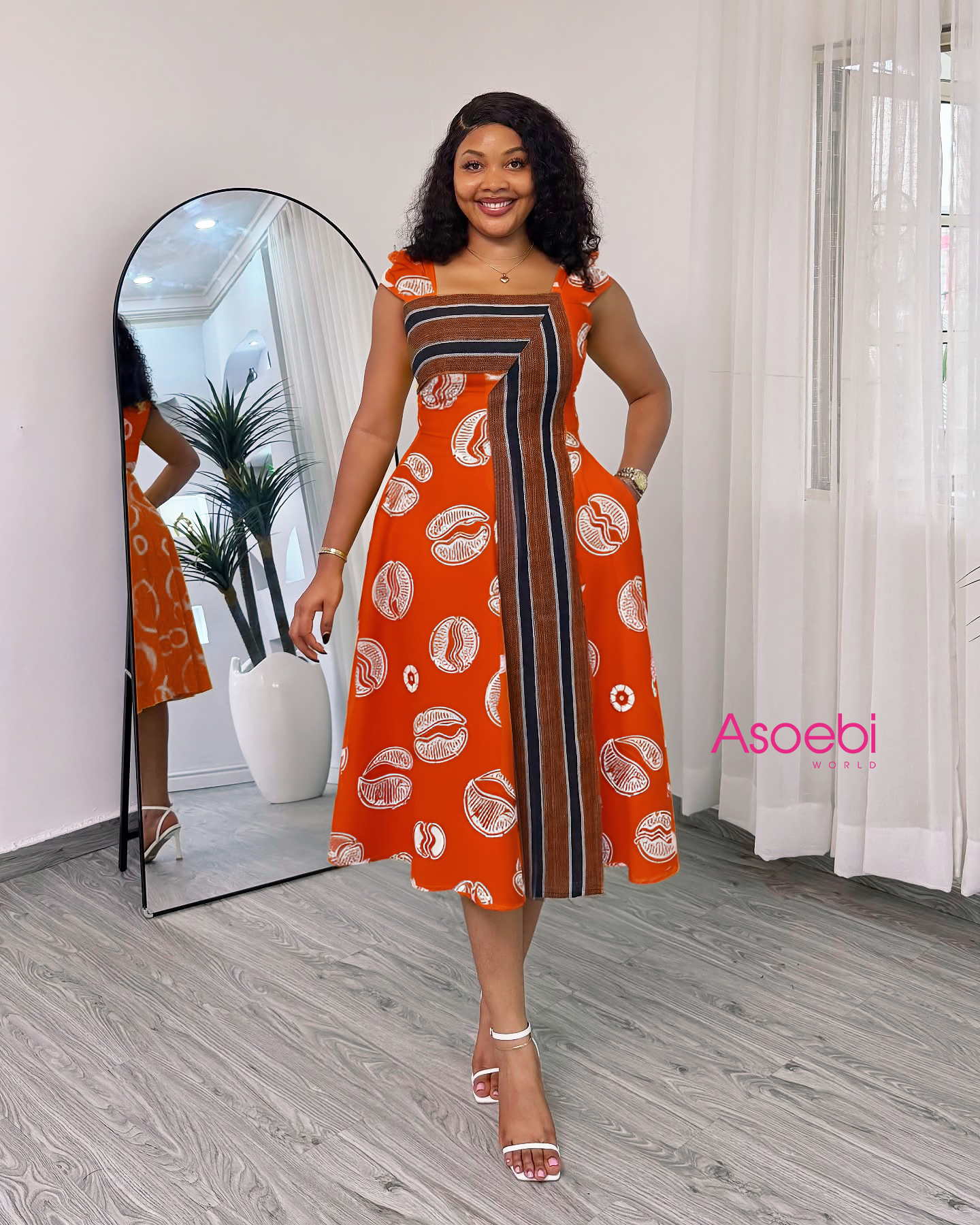 ASOEBI DESIGN ORANGE ANKARA MIDI DRESS