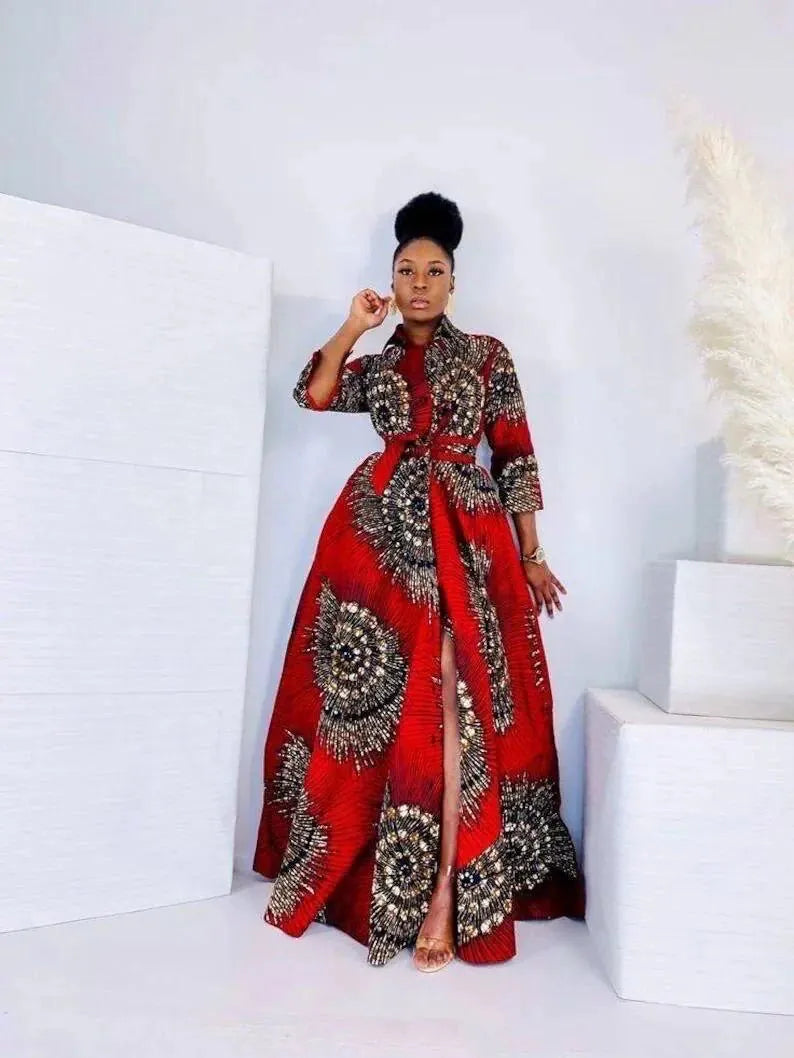 CYNTHIA RED AFRICAN ANKARA MAXI WOMEN DRESS